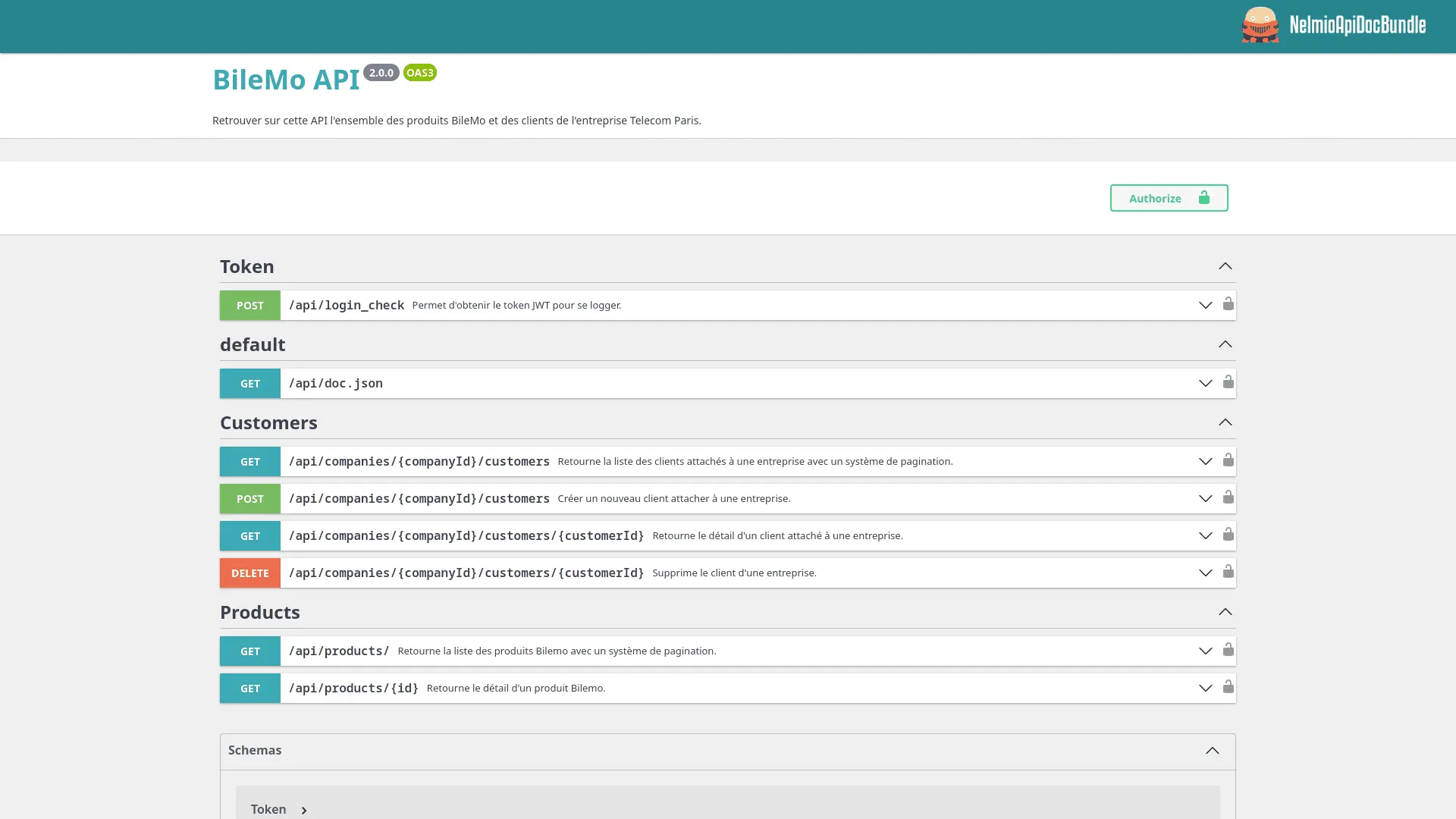 Documentation interactive Nelmio de l'API REST BileMo développée avec Symfony, montrant les endpoints disponibles