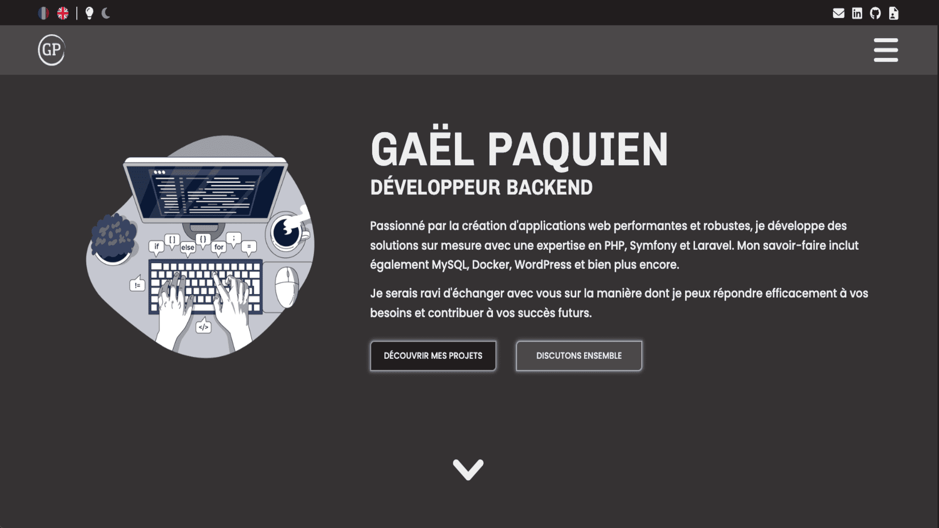 Page d'accueil du site personnel développé avec PHP, Symfony 7, Stimulus et Sass