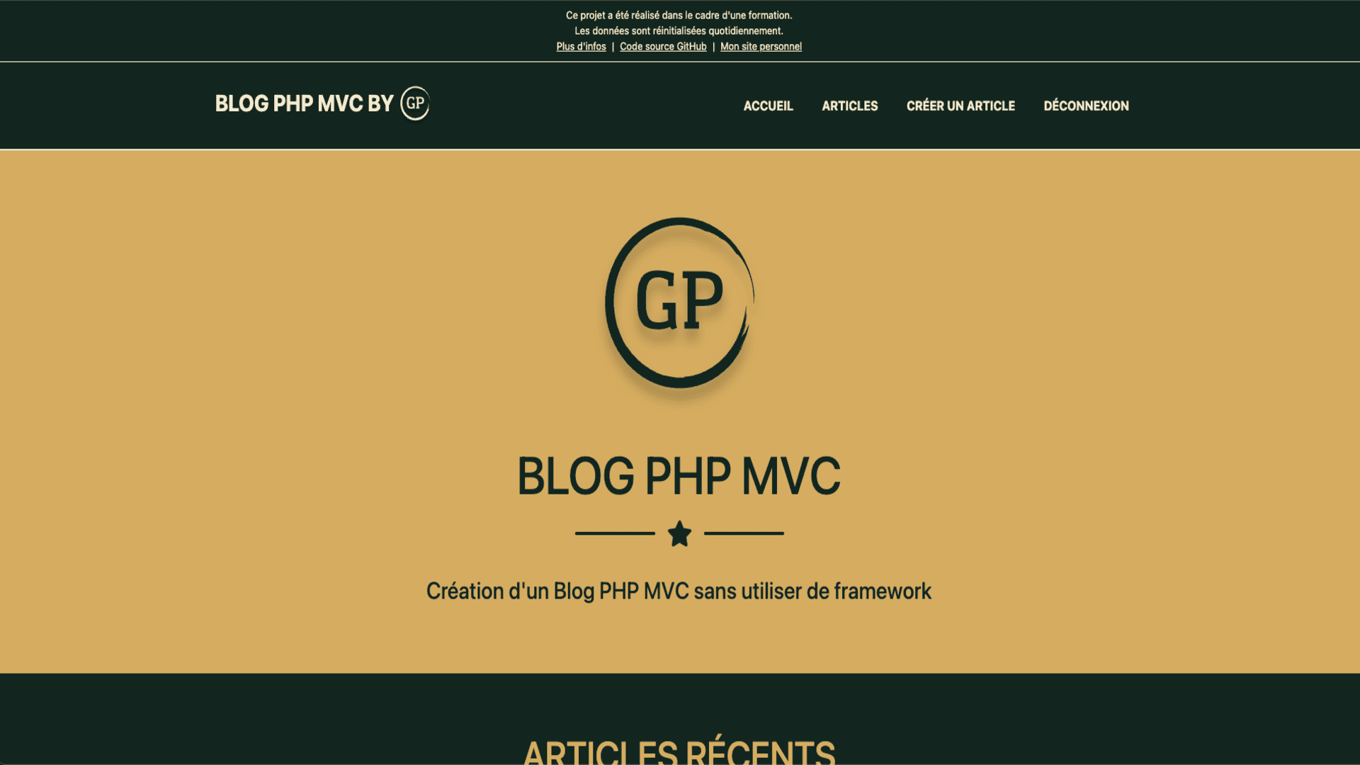 Page d'accueil du blog PHP MVC développé sans framework