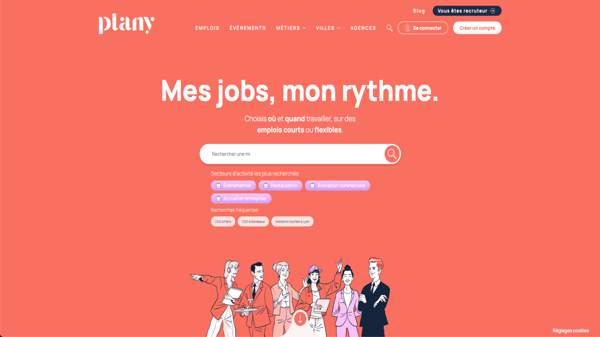 Page d'accueil de Plany.jobs, plateforme ERP pour l'événementiel et l'hôtessariat où je travaille comme développeur backend