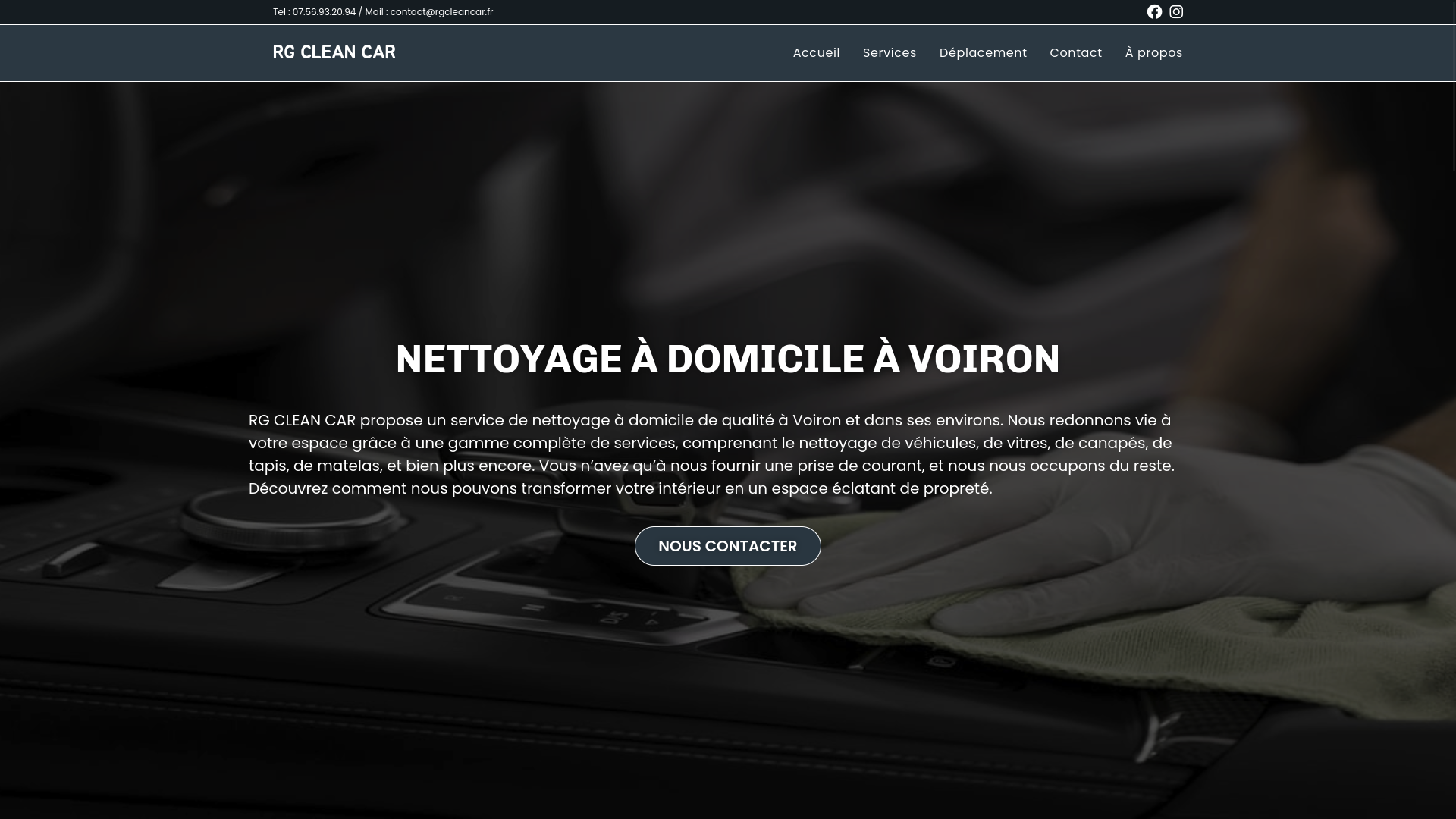 Page d'accueil du site vitrine RG Clean Car développé avec WordPress, entreprise de nettoyage automobile à domicile