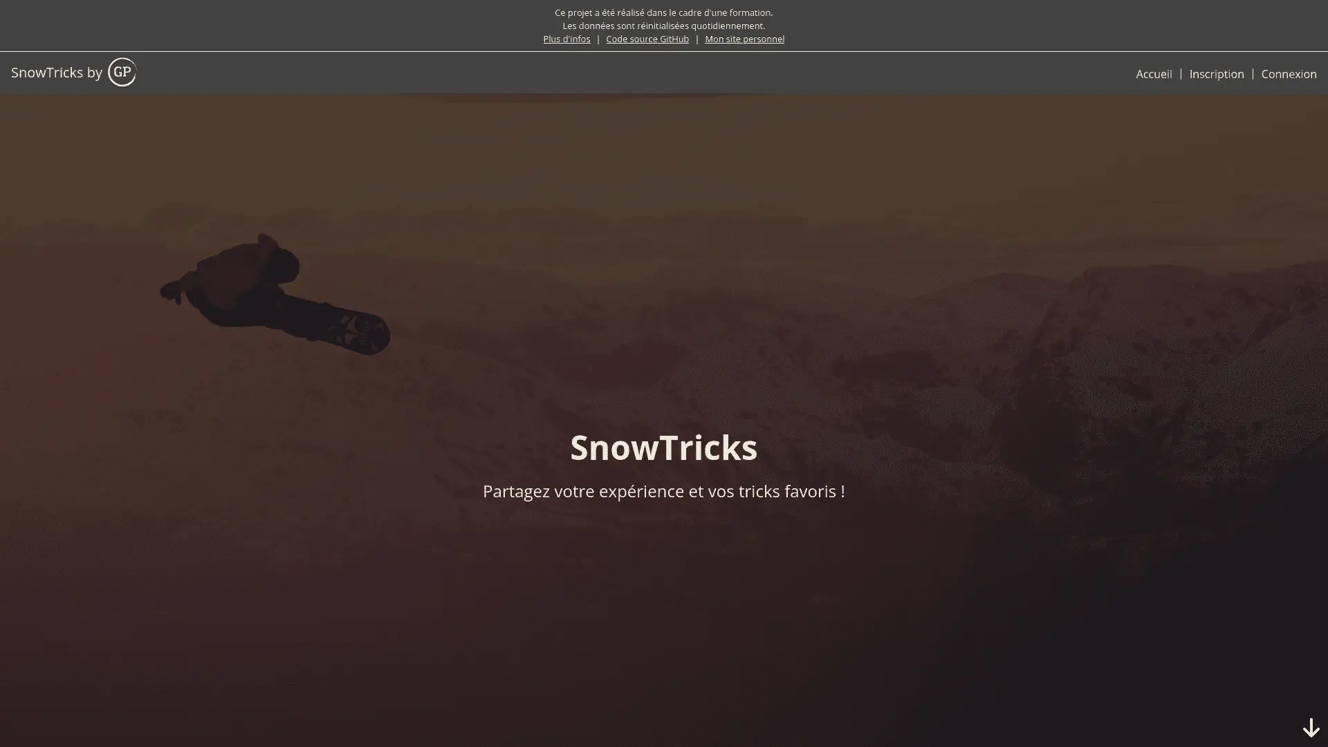 Page d'accueil de SnowTricks, application Symfony communautaire de partage de tricks de snowboard